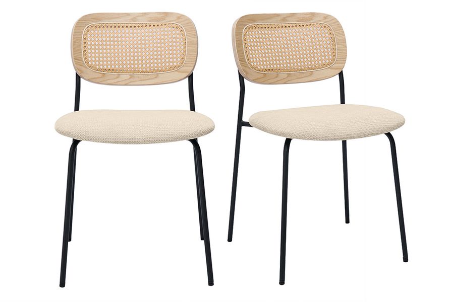 Sillas de diseño en tela con efecto terciopelo texturizado beige, metal negro y mimbre (juego de 2) MIRANDA