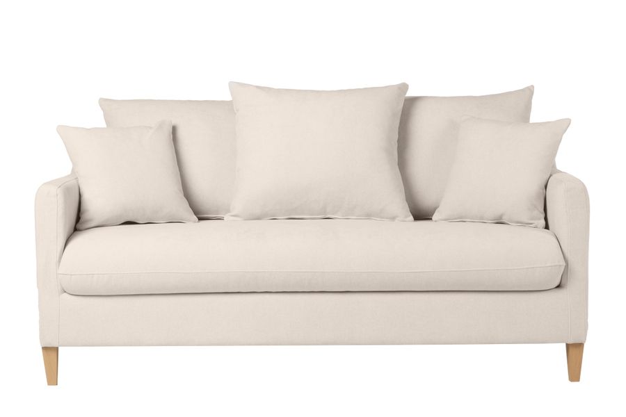 Canapé convertible scandinave 3 places en tissu effet velours beige et bois clair LOUISE