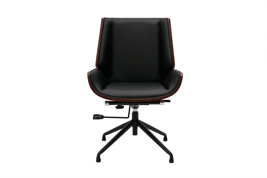 Sedia da ufficio design girevole a 360° nera, legno scuro noce e metallo nero CURVED