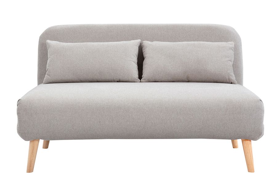 Poltrona letto 2 posti in tessuto effetto velluto beige testurizzato e legno chiaro AMIKO