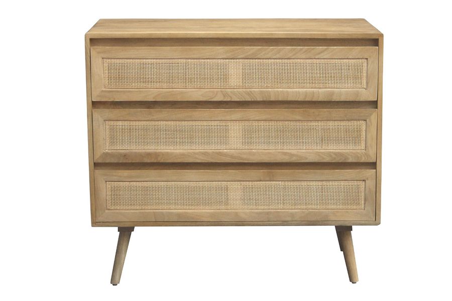 Comò in legno massello di mango e motivo a intreccio rattan 3 cassetti L90 cm ACANGE