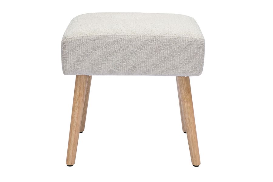 Sgabello basso in tessuto effetto lana bouclé bianco e legno massello chiaro H46 cm GUESTA