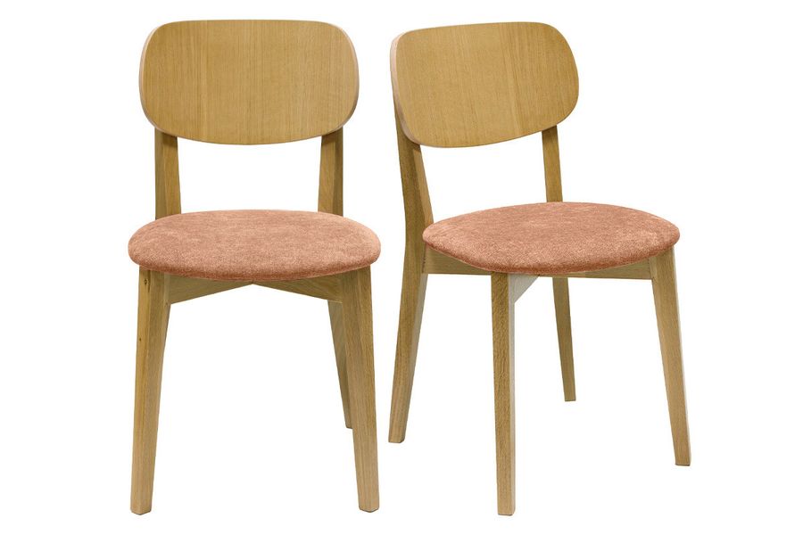 Sedie vintage in legno chiaro rovere e tessuto effetto velluto color terracotta (set di 2) LUCIA