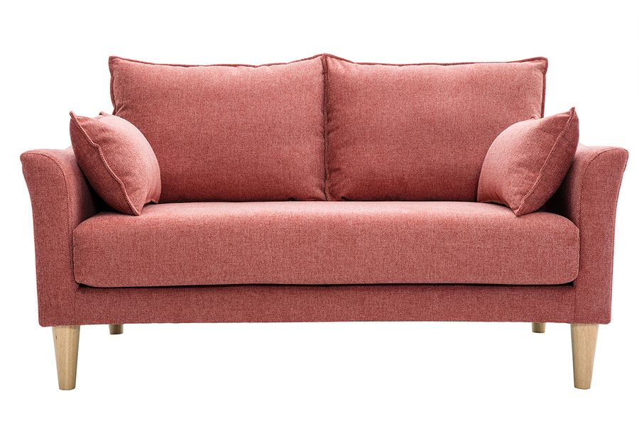 Canapé scandinave 2 places en tissu effet velours texturé terracotta et bois clair KATE