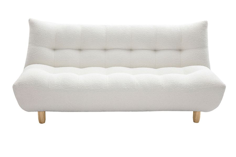 Divano letto scandinavo 3 posti in tessuto effetto lana bouclé bianco e legno chiaro YUMI