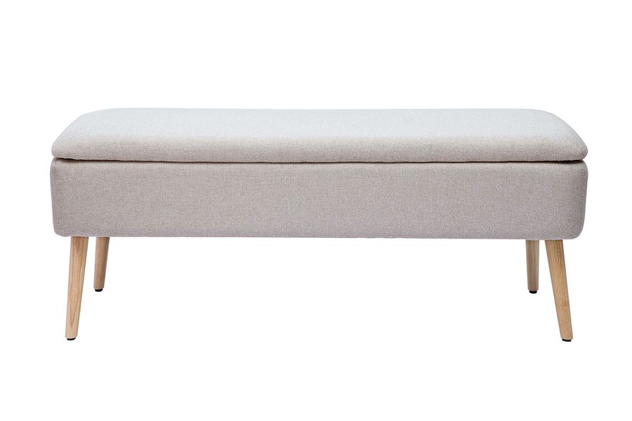 Banc coffre en tissu effet velours texturé beige et bois clair massif L120 cm LARS