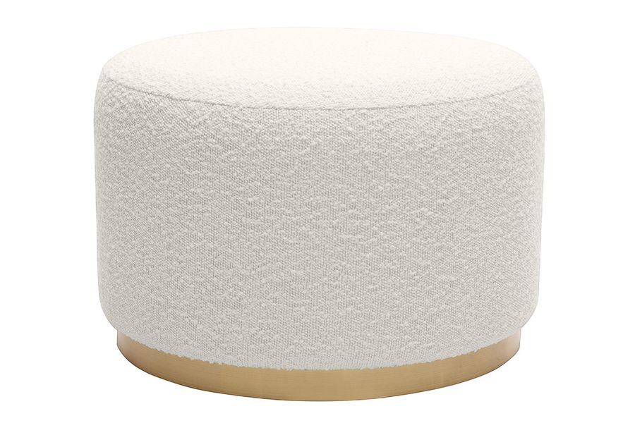 Runder Pouf aus schimmerndem Wollmischgewebe in gebrochenem Weiß und goldfarbenem Metall D54 cm AMAYA