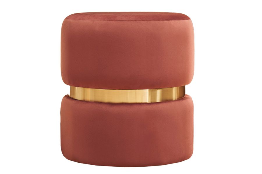 Pouf rond en velours bleu rouge tomette et métal doré D40 cm JOY